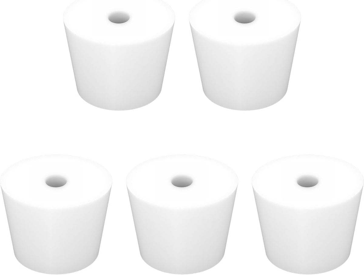 Labasics 5-Pack 9# Single-Hole Silicone Stoppers, White Tapered Lab Seal Stoppers with 0.31" Hole, Durable and Reusable Silicone Plugs for Laboratory Glassware, Airtight Sealing, and Experiments