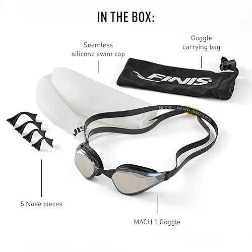 FINIS Mach 1 Low-Profile Racing Goggles With Carry Bag - 5 Nose Pieces - Swim Cap - Titanium