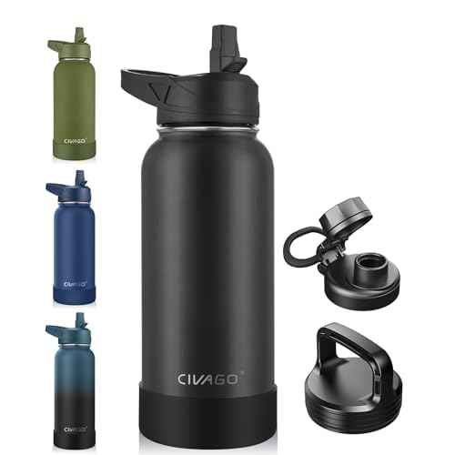 CIVAGO 32 oz Insulated Water Bottle With Straw, Stainless Steel Sports Water Cup Flask with 3 Lids (Straw, Spout and Handle Lid), Wide Mouth Travel Thermal Mug, Black