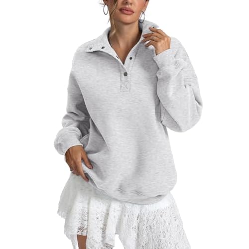 Womens Fleece Sweatshirts Oversized Henley Neck Long Sleeve Button Pullover Tops Trendy Outfits Clothes 2026
