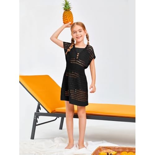 Haloumoning Girls Crochet Swim Beach Cover Up Kids Fashion Button Short Sleeve Swimsuits Cover Ups 5-14 Years