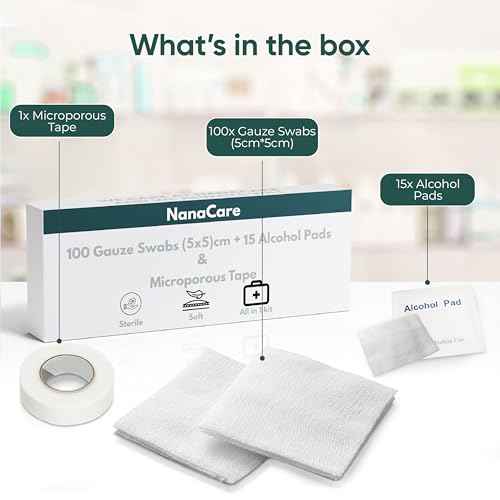 100 pc Large Gauze Pads Sterile for Wounds Bulk 2x2 | Includes 15 Alcohol Wipes & 1 Medical Tape | Non Stick Gauze Pads Sponges | Breathable Mesh First Aid Medical Supplies for Wound Care