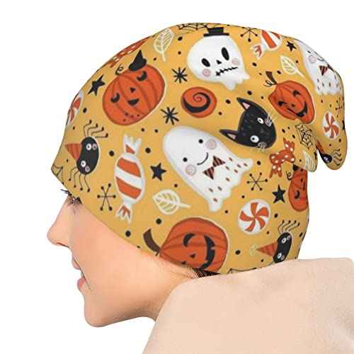 LAIPUTER Halloween Skull Pumpkin Beanie Standard Closed Chemo Hat Cancer Headwear Knitted Hats Baggy Slouchy Cap for Adults Women Men