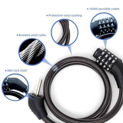 Bike Lock Cable, 30-inch Combination Lock, 4-Digit Resettable, Black