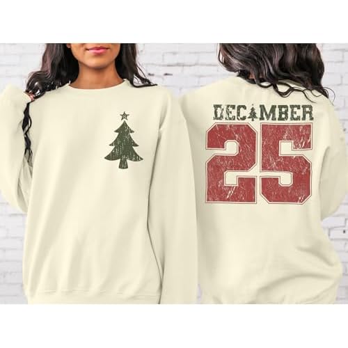 JINTING Christmas Sweatshirts for Women December 25 Graphic Sweater Classic Christmas Tree Pullover Blouse