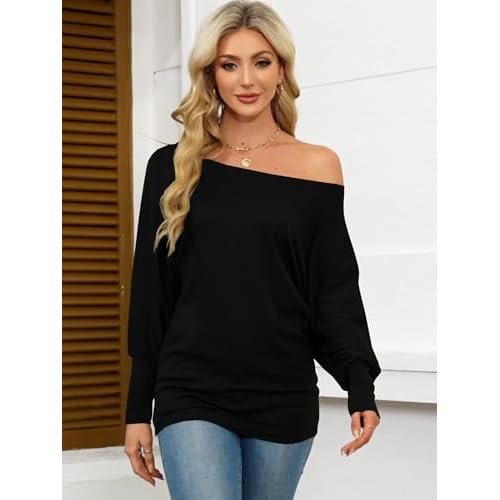 Eniloyal Women's Off Shoulder Tops Batwing Long Sleeve Shirts Loose Fall Fashion Blouse Tunic Oversized Pullover Sweater