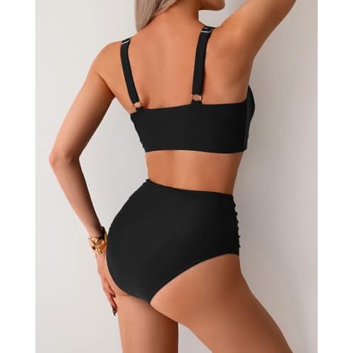 Fanuerg Women's High Waisted Bikini Sets Twist Front Two Piece Swimsuit Ruched Tummy Control Bathing Suits
