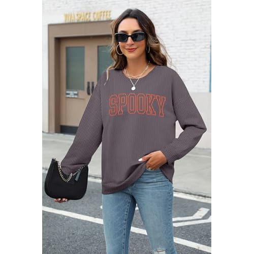 QLIPIN Spooky Season Sweatshirt Womens Halloween Sweatshirt Spooky Fall Ribbed Textured Knit Long Sleeve Pullover Tops