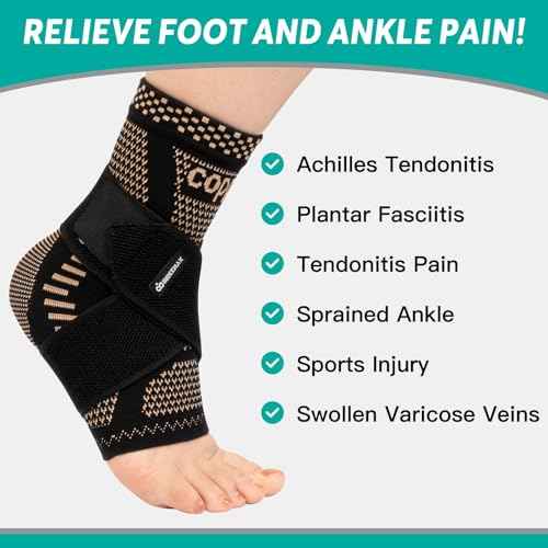 INDEEMAX Ankle Brace for Women & Men, Ankle Compression Sleeve Support Copper Infused Ankle Brace for Sprained Ankle, Plantar Fasciitis Sports, Achilles Tendonitis Pain Relief, Copper Black, M
