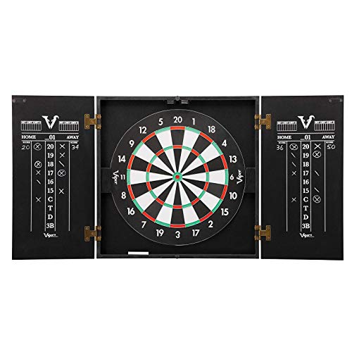 Viper Hideaway Dartboard Cabinet Set with Steel-Tip Dart Board, Reversible Board with Baseball Game Option, Two Sets of Darts, Chalk Scoreboards, and Matte Black Finish