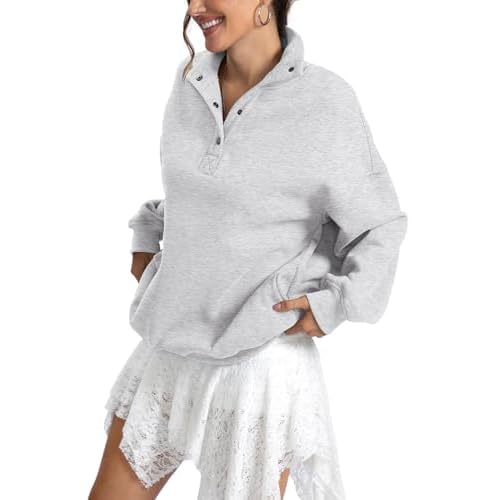 Womens Fleece Sweatshirts Oversized Henley Neck Long Sleeve Button Pullover Tops Trendy Outfits Clothes 2026