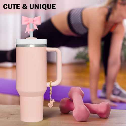 Pink Bow for Stanley Straw Topper- 3pcs Cute Cup Bow Straw Cover Silicone Cap 10mm with 2pcs Initial Letter Charms Name Id Personalized Accessories 40/30 Oz Tumbler Water Bottle Cups J