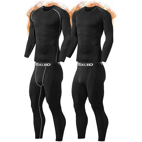 TELALEO 2 Set Mens Thermal Underwear Fleece Lined Long Johns 4 Pcs Base Layer Shirts Pant for Cold Winter Weather