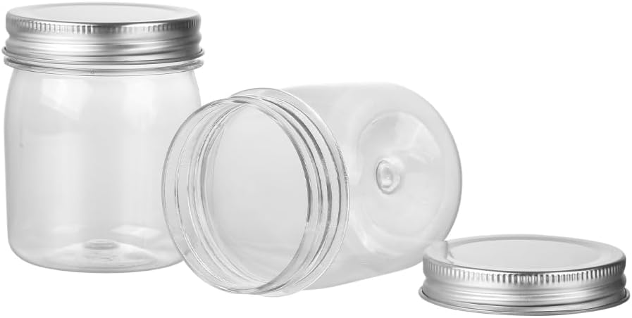 Plastic Mason Jars Reusable Storage Containers with Silver Airtight Lid 8 Ounce Clear Jars for Dry Foods, Coffee,BPA Free (16 Pack-Sliver)