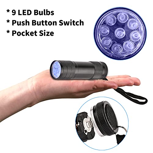10 Pcs UV Black Light Flashlights Bulk, 9 Led 395-400nm Mini Blacklight Handheld Portable Torch Pet Urine Detector for Bed Bug, Hair, Dog Cat Urine and Stains Batteries Included