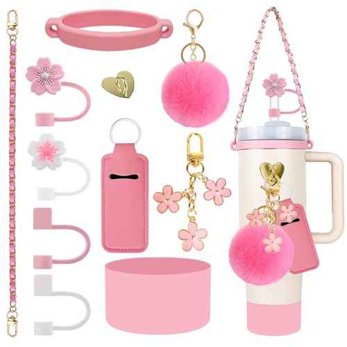 Velaco 11 PCS Accessories for Stanley Cup, Water Bottle Handle Strap for Stanley 30/40 oz tumbler with handle, including Straw Toppers, Silicone Cup Boot, Keychain Charms - PINK