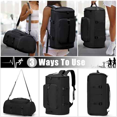 Gym Bag for Men Women with Shoes Compartment - Duffle Bag, Travel Backpack, Sports Backpack, Weekender Overnight Bag with Wet Pocket - Black, MIYCOO