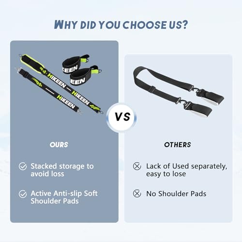 Hikeen Ski Carrier Straps, Poles and Boot Skis Straps with Adjustable Anti-Slip Shoulder Slings & Metal Buckle and Swivel Hook for Men Women Kids