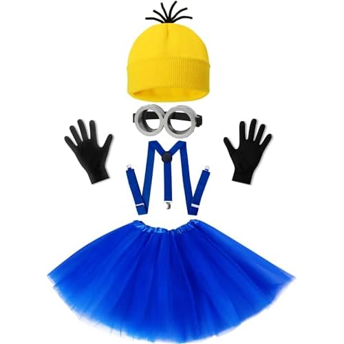 Halloween Costume for Adult Women,Goggles/Yellow Beanie/Blue Dress/Suspenders/Gloves Halloween Costume Accessories