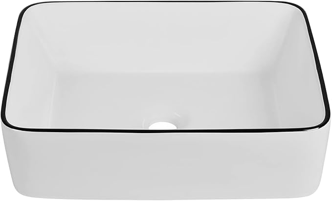 DeerValley 19" x 15" Bathroom Sink, Bathroom Vessel Sink Rectangular Above Counter Vessel Sinks, White Body Black Trim Vessel Sink, Porcelain Ceramic Vessel Vanity Sink Art Basin, DV-1V0002