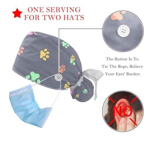 2 Pack Scrub Caps Surgical Hat for Women, Cartoon Dogs Nurse Hat Unisex Tie Back Hat, Long Hair