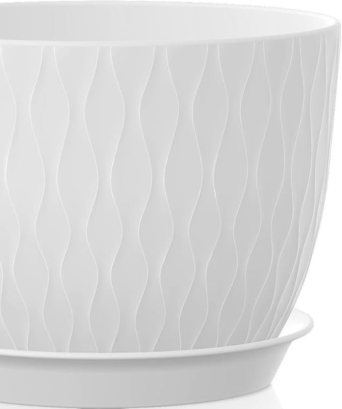 12/10/9 Inch Plant Pots, 3 Pack Large Flower Pots for Indoor and Outdoor Plants with Water Ripples, Large Plastic Flower Pots with Drainage Holes and Tray for Garden Indoor Plants,White