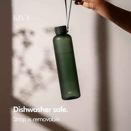 KIVY Slim Water Bottle 32oz [Lightweight & Shatterproof] Fits Backpack & Cupholder for Travel, Sports, School, Gym - Dark green water bottle no straw - Gym water bottle screw top - Dishwasher Safe