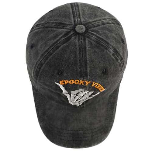 Funny Halloween Spooky Vibes Hats, Adjustable Embroidery Cotton Skeleton Hand Vintage Baseball Cap for Men Women