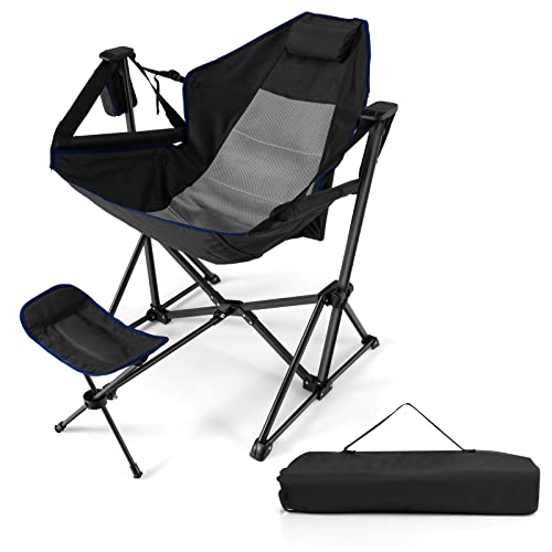 COSTWAY Folding Camping Chair, Portable Beach Chair with Retractable Footrest, Adjustable Back, Cup Holder & Carry Bag, Outdoor Lawn Patio Chair for Camping, Fishing, Hiking (Black, 1 Pack)