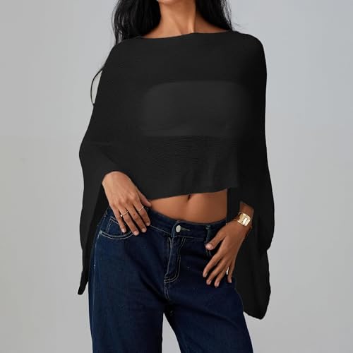 Women Sheer Poncho Top Lightweight Summer Cover Up Mesh Knit Crochet Shawl Trendy Pullover