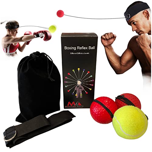 Boxing Ball Headband Tennis, Punching Ball Headband, MMA Training Equipment, Boxing Equipment, Home Workout Equipment for Men, Kids Boxing Set, Boxing Reflex Ball (3 Difficulty Level, 3 Balls)