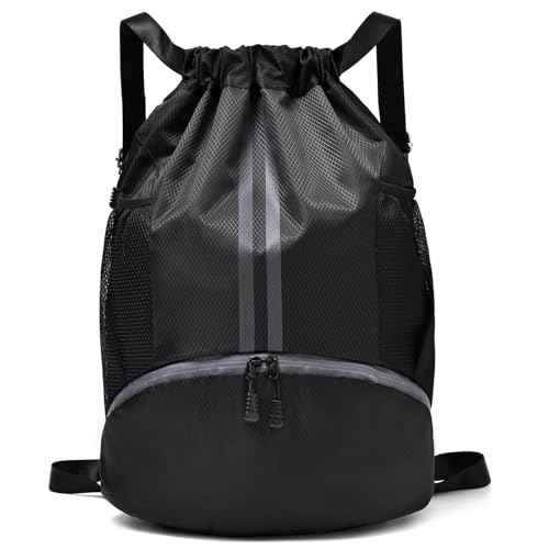 Black Drawstring Gym Bag for Men, Waterproof Drawstring Backpack for Women, Swim Bag with Shoes Compartment, Pull String Sport Bag for Soccer and Basketball.