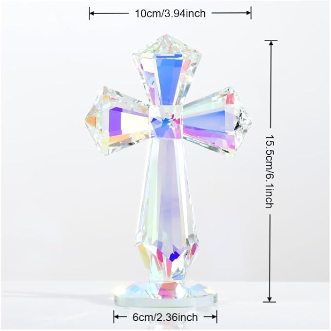 Crystal Glass Standing Cross Decor, Easter Christmas Decoration for Pary dad man，Religious Gifts for Women Men Father Mother, Handmade Glass Holy Collectible Figurines (Multicolor Crystal Cross)