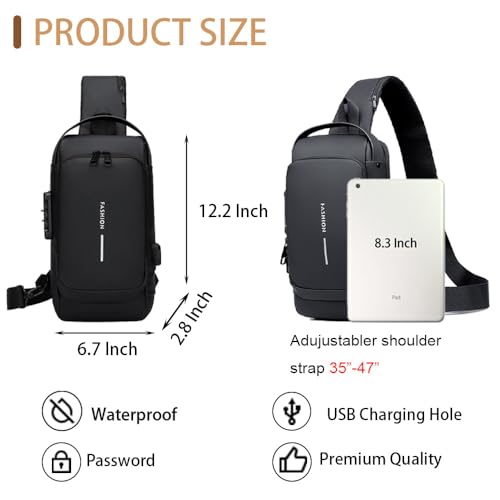 Travel Sling Bag Waterproof Crossbody Bag with Combination Lock Anti-Theft PU Leather Chest Bag with USB Charging Hole Shoulder Backpack Motorcycle Bags Black