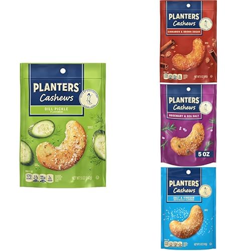 PLANTERS Cashews Cinnamon & Brown Sugar + Rosemary & Sea Salt + Dill Pickle + Salt & Vinegar - Trail Mix Snack Packs, Snack Pack, Party Trail Mix, 20 Oz, 4 Bags (5 Oz Per Flavor)