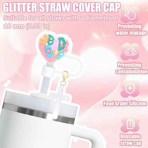 10mm Straw Toppers Set, Pink Jenus Faith Straw Covers Cap with Clip-on Cross Charms for 30oz 40 0z Stanley Tumblers, Cute and Bling Modern Simple Tips Stanley Accessories