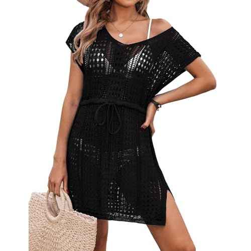 AI'MAGE Women's Crochet Cover Up Hollow Out Swimsuit Coverup V Neck Beachwear with Drawstring S-3XL
