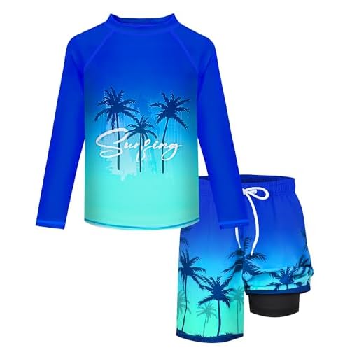 Boys Rash Guard Swim Set with Swim Trunks Bathing Suit Long Sleeve Swim Shirt Quick Dry Swimsuit Kids Swimwear Size 7-16