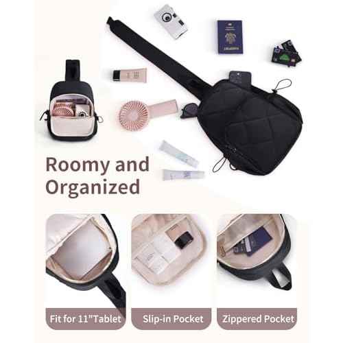 Wandering Nature Sling Bag for Women Lightweight Quilted Crossbody Bag Fits for 11" Tablet with Breathable Back Panel Anti Theft Pocket Padded Strap USB Charge Port, Ideal for Travel, Daily Use