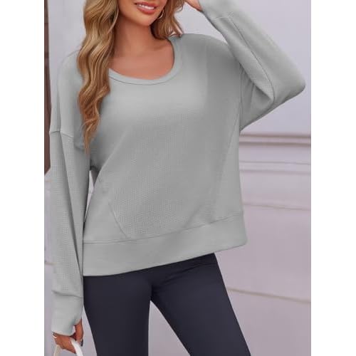 Fisoew Womens Casual Crewneck Sweatshirt Waffle Knit Long Sleeve Side Slit Loose Fit Fall Shirts Tops