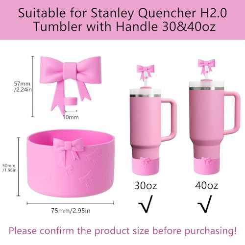 Cup Accessories Set for Stanley,Including 1Pcs Cute Bow Straw Cover Caps 10mm Reusable Straw Toppers,1Pcs Silicone Boot Sleeve for Stanley Quencher H2.0 Tumbler with Handle 30&40oz