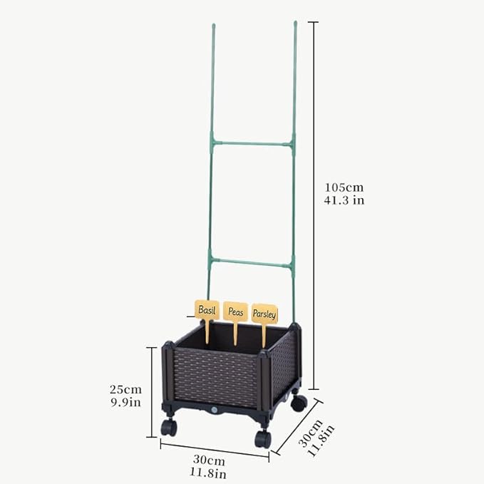 Sherbo Raised Garden Bed Planter Box on Wheels with Trellis, Rattan Style Raised Planter for Outdoor Plants, Compact Mobile Planter Box for Patio or Balcony