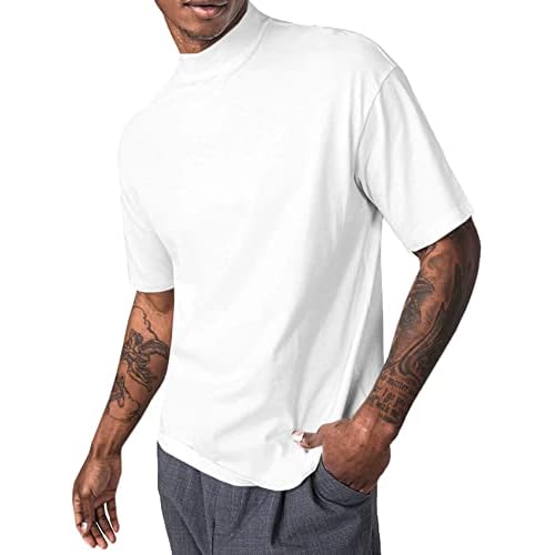 Mens Mock Turtleneck T Shirts Short Sleeve Cotton Basic Undershirt Relaxed Fit Lightweight Solid Pullover Tops