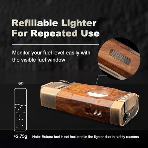 All-in-One Windproof Outdoor Lighter with Dual Jet Flame Built-in Cutter, Butane Refillable and Flames Adjustable, Visible Gas Tank, Portable for Travel, Candle Lovers, Box Included