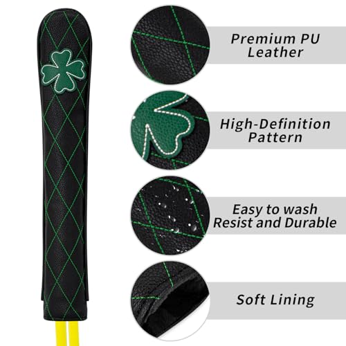 Golf Alignment Stick Cover Premium Leather Perfect Cover for Alignment Sticks Classic Tee Design Alignment Sticks Holder Golf Club Protector Holds 2 Sticks. (Grid Four-Leaf Clover-Black)