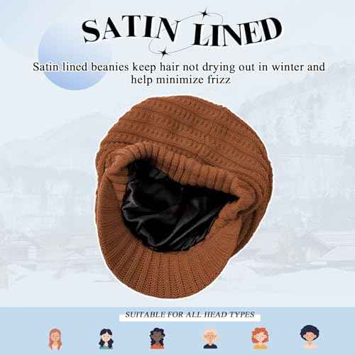 Century Star Women Satin Lined Winter Knit Hat with Visor Newsboy Cap Slouchy Beanie Cap Warm Winter Hat