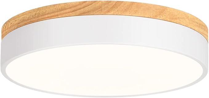 Dimmable Modern Wood Ceiling Light, White LED 5CCT 2700K-6000K Flush Mount Ceiling Lighting Fixture, Round Light Fixtures for Kitchen Entryway Hallway Bedroom Laundry Room-11.8in