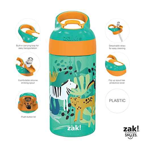Zak Designs 16oz Riverside Kids Water Bottle with Spout Cover and Built-in Carrying Loop, Made of Durable Plastic, Leak-Proof Water Bottle Design for Travel (Dino Camo & Safari, Pack of 2)