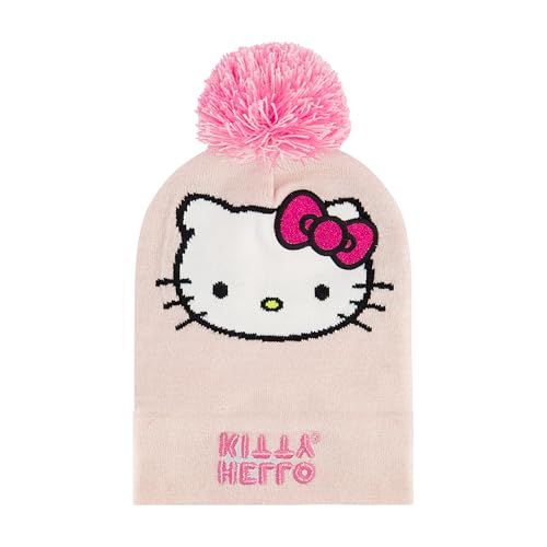 Hello Kitty Beanie Hat and Gloves Set, Girls Cuffed Marled Winter Knit Cap with Pom and Matching Mittens, Pink, One Size