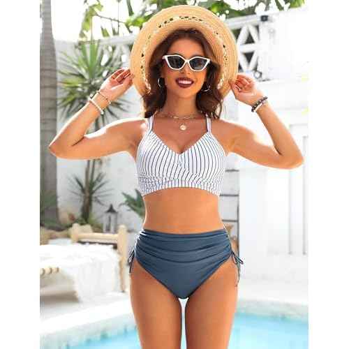 Blooming Jelly Womens High Waisted Bikini Sets Drawstring Tummy Control Swimsuits Crisscross Tie Back Bathing Suit